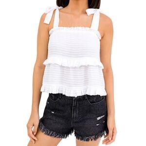 Le Lis White Ruffled Tie Tiered Lined Sleeveless Square Neck Tank Top